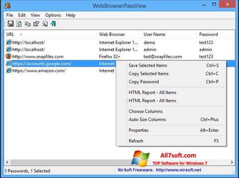 Ekrānuzņēmums WebBrowserPassView Windows 7