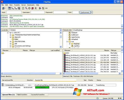 Ekrānuzņēmums FileZilla Windows 7