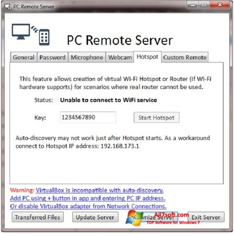 Ekrānuzņēmums PC Remote Server Windows 7