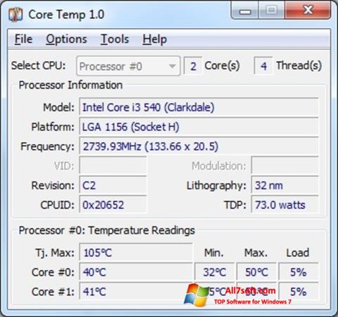 Ekrānuzņēmums Core Temp Windows 7