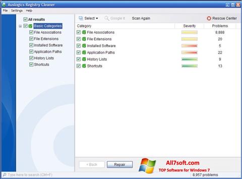 Ekrānuzņēmums Auslogics Registry Cleaner Windows 7