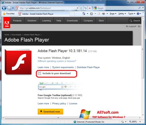 Ekrānuzņēmums Adobe Flash Player Windows 7