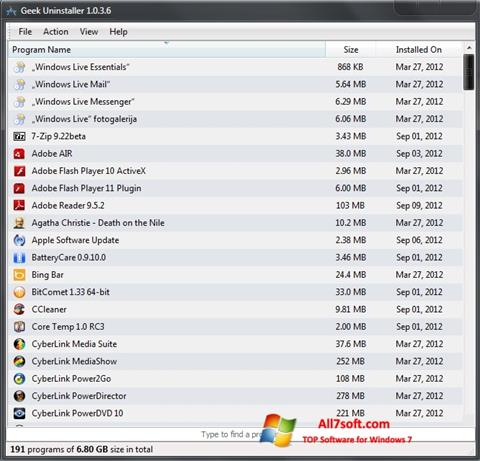 Ekrānuzņēmums Geek Uninstaller Windows 7