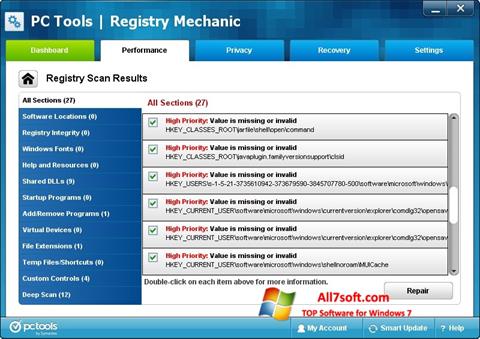 Ekrānuzņēmums Registry Mechanic Windows 7