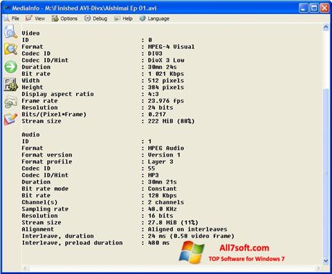 Ekrānuzņēmums MediaInfo Windows 7