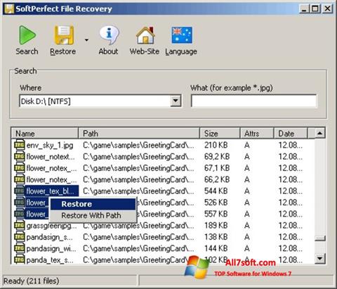 Ekrānuzņēmums SoftPerfect File Recovery Windows 7
